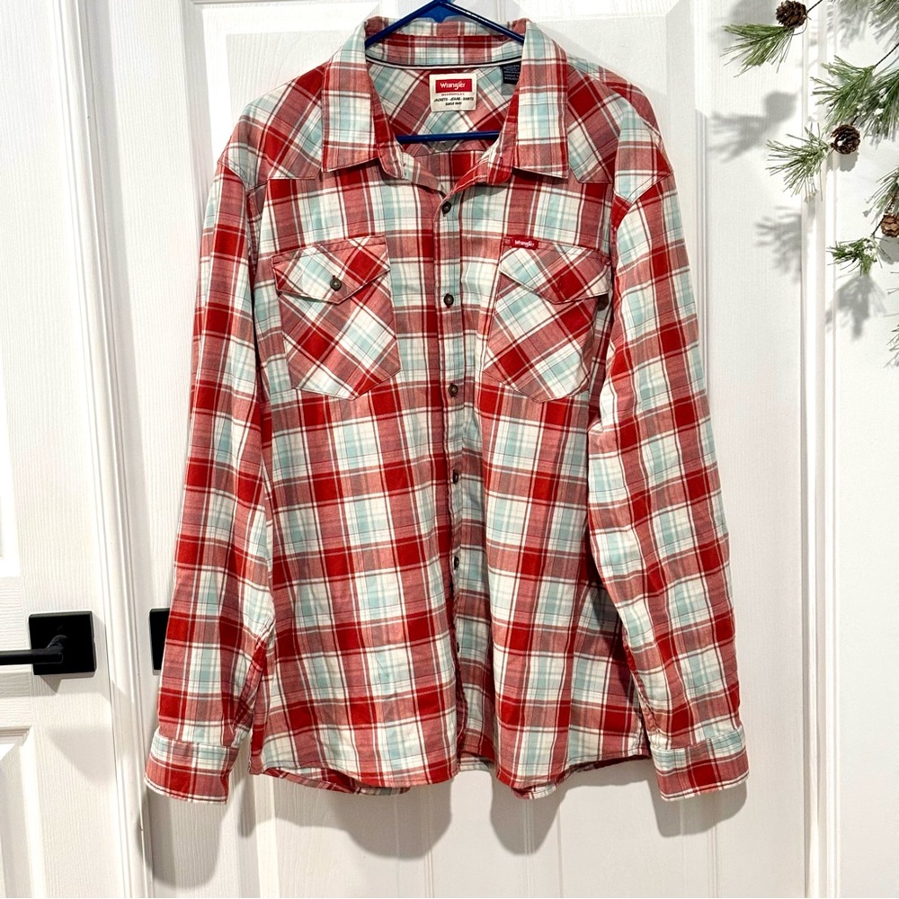 WRANGLER MENS Long Sleeve Red White Blue Plaid Western Button Shirt SIZE 2XL